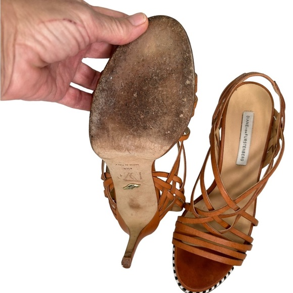 Diane von Furstenberg Tan Leather Strappy Slingback Stiletto Sexy Heels SZ 8.5 B - Picture 9 of 11